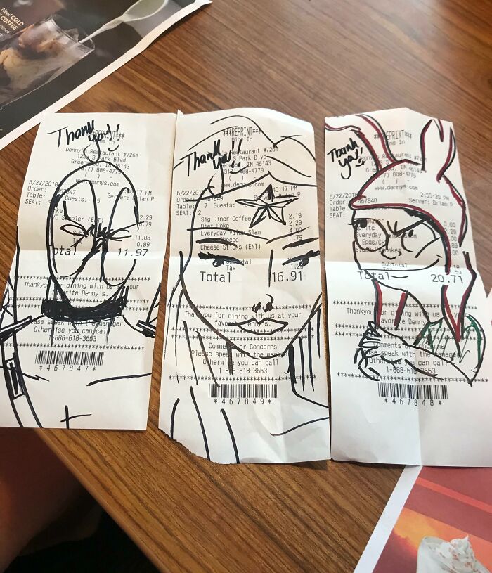 Creative illustrations on interesting receipts people found, each showing unique artwork drawn over the printed text.
