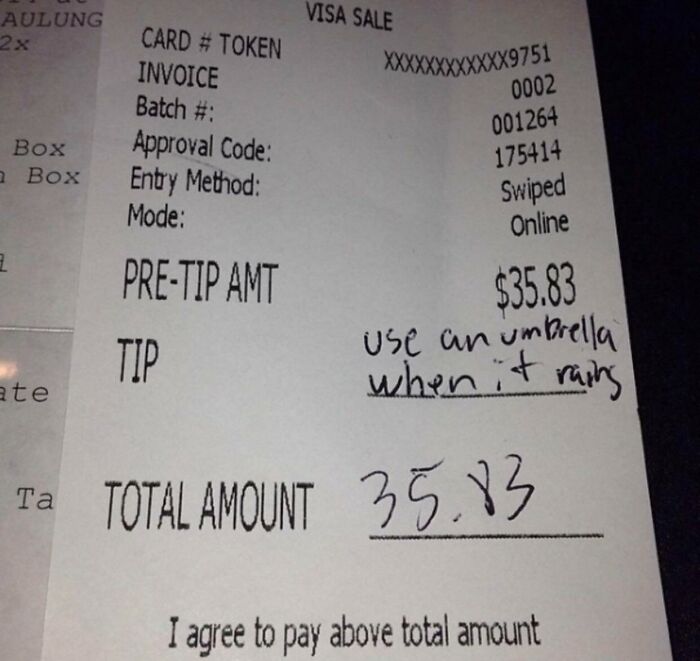 Receipt showing $35.83 total with handwritten tip advice: "use an umbrella when it rains." Interesting receipts found.