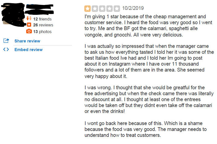 Review about restaurant experience with infuriating entitled influencers seeking discounts for exposure.