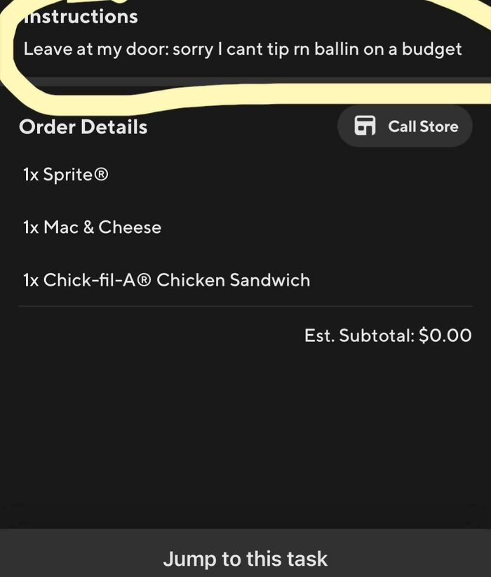 Order details with server tips phrase: "sorry I can't tip rn ballin on a budget," showing a meal subtotal of $0.00.