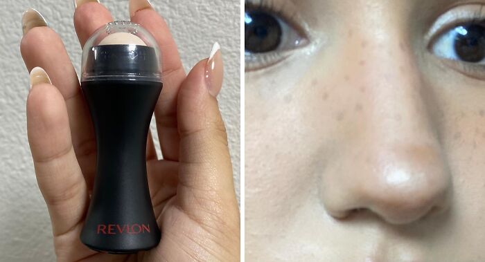 Hand holding a Revlon facial oil roller, illustrating a cheap fix for oily skin.