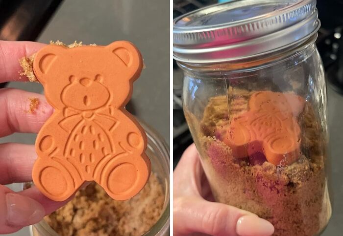 Terracotta bear keeps brown sugar soft, solving irritating problems cheaply.