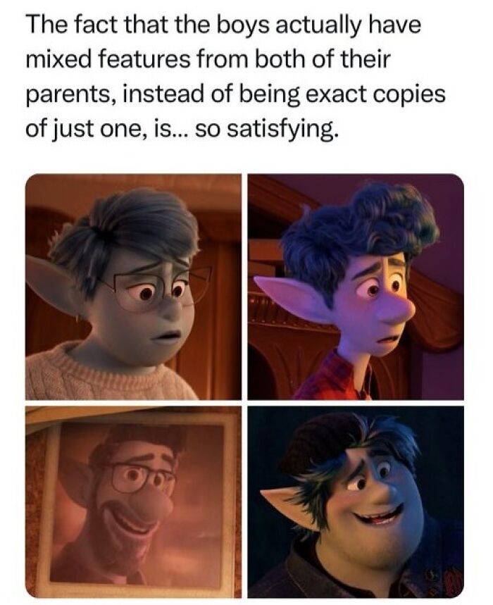 Characters from a nostalgic cartoon movie showing mixed parental features, expressing satisfaction.