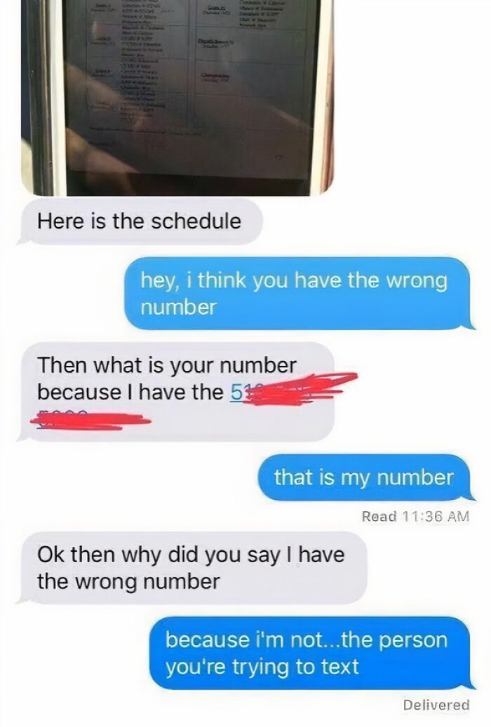 Text exchange showing a funny message sent to the wrong recipient about a schedule mix-up.