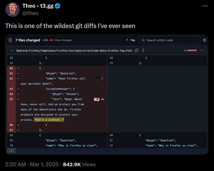 Screenshot of a wild git diff in code editor showing JSON changes related to Firefox privacy in programming and computer science.