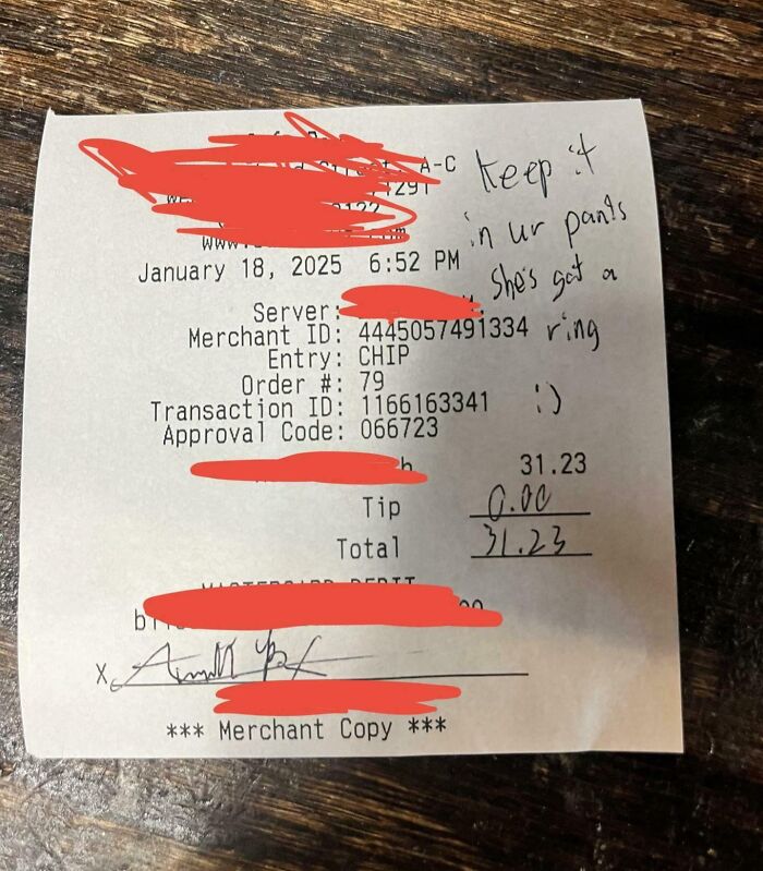 Receipt with handwritten note found, dated January 18, 2025, showing no tip given.