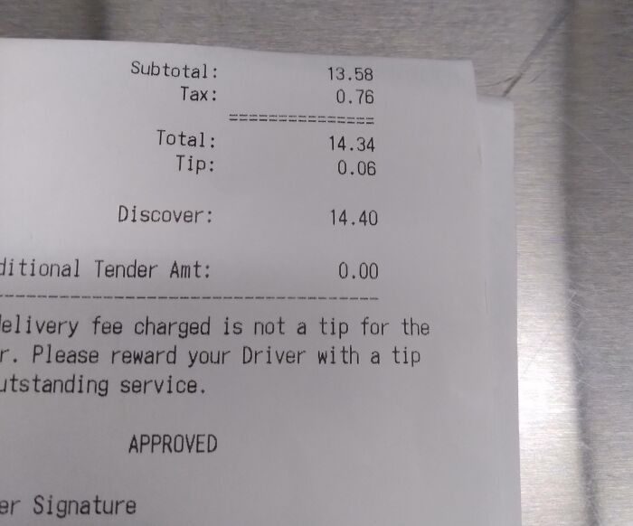 Receipt showing subtotal, tax, low tip of 0.06 under mildly infuriating server tips, with a note on delivery fee and tipping.