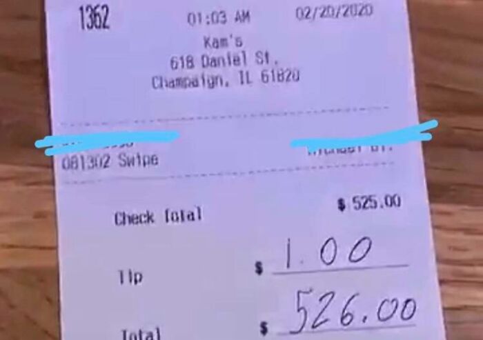 Receipt showing mildly infuriating server tips with a $1.00 check total and $526.00 tip amount.