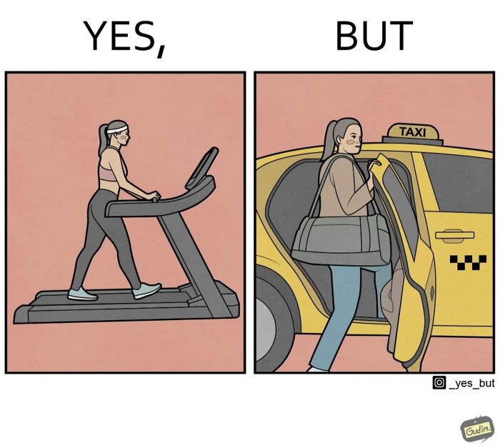 Illustration of society's contradictions: woman on treadmill versus taking a taxi.