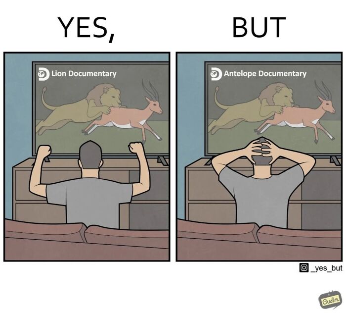 Illustration depicting society's contradictions with a man watching lion and antelope documentaries.