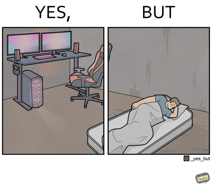 Illustration by Anton Gudim showing a modern desk setup and a person sleeping on a plain mattress, depicting contradictions.