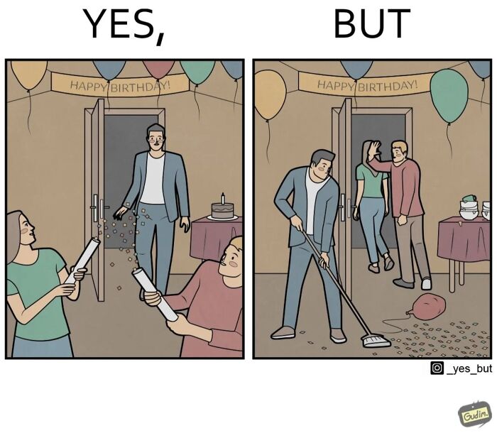 Illustration by Anton Gudim showing a birthday celebration contrast and cleanup.