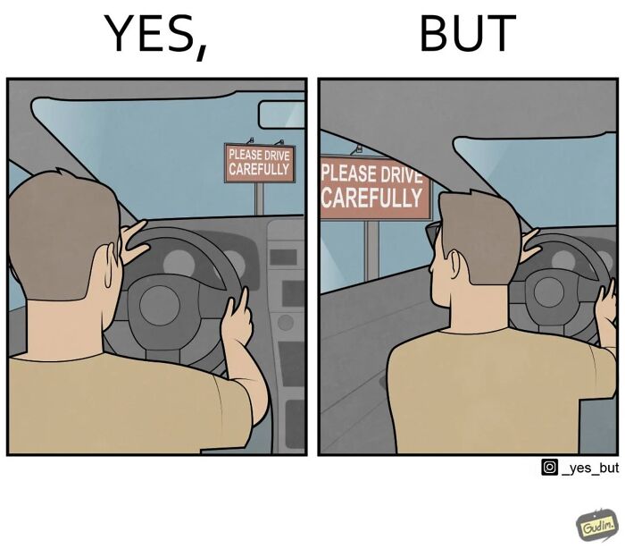 Illustration by Anton Gudim highlighting societal contradictions with a driver facing contradictory "please drive carefully" signs.