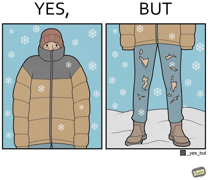 Illustration showing a warm jacket paired with torn jeans, highlighting society's contradictions.