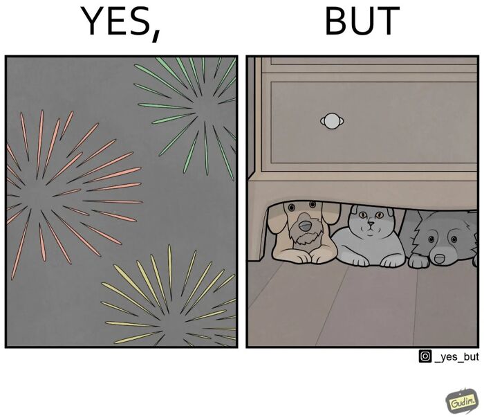 Illustration by Anton Gudim shows fireworks and pets hiding under furniture, depicting society's contradictions.