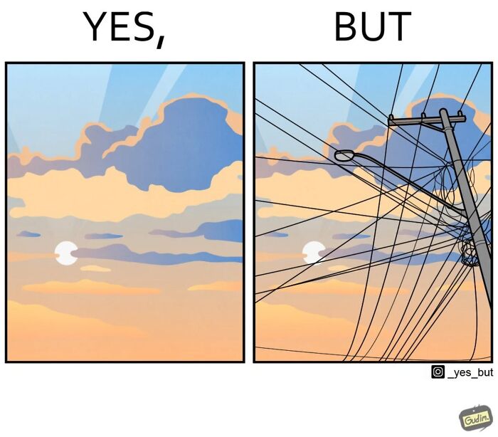 Illustration by Anton Gudim showing society's contradictions with a clear sky and tangled wires.