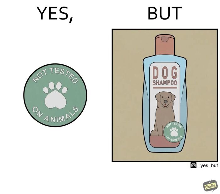 Illustration by Anton Gudim showing societal contradictions with "Not Tested on Animals" label on dog shampoo.