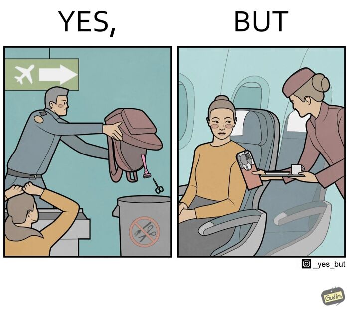 Illustration by Anton Gudim showing society's contradictions with security discarding scissors but serving metal cutlery.