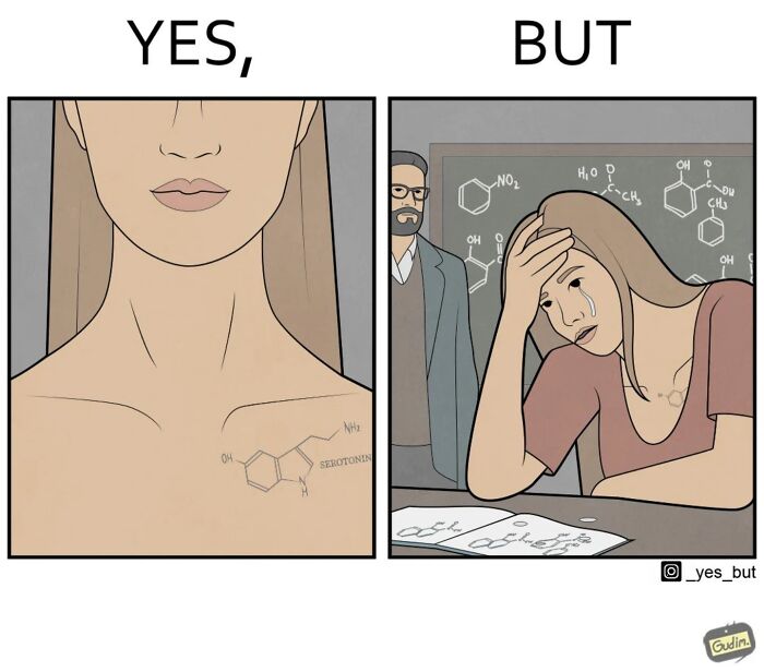 Illustration of a woman with serotonin tattoo contrasted with her crying over chemical equations, depicting societal contradictions.