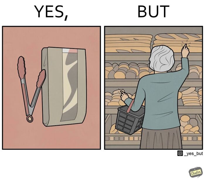 Illustration by Anton Gudim shows society contradiction: tongs next to bread and a woman grabbing bread by hand.
