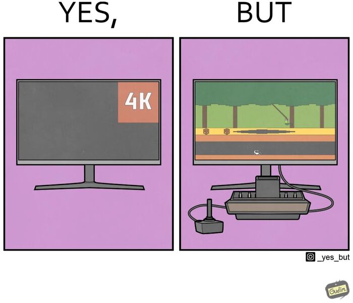 Illustration by Anton Gudim showing society's contradictions: 4K TV vs. retro video game graphics.