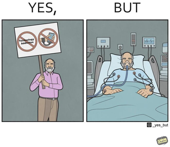 Illustration depicting society's contradictions with a man protesting technology a*******n, then seen using tech in hospital.