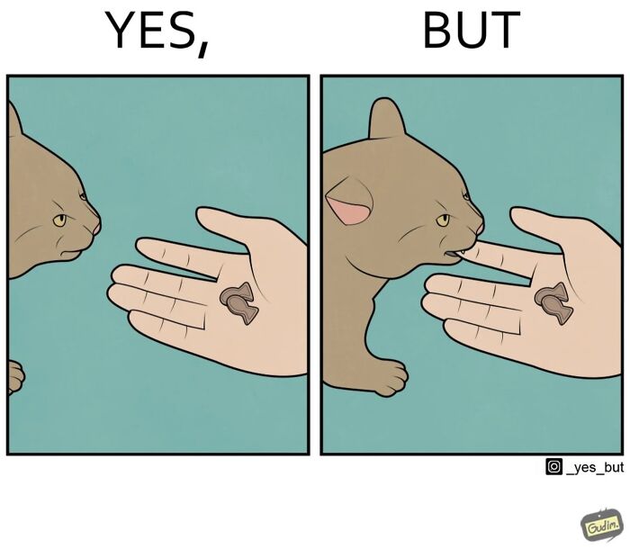 Illustration by Anton Gudim of a cat hesitating to eat a treat from a hand, depicting society’s contradictions.