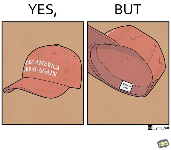 Illustration by Anton Gudim showing societal contradictions with a "Make America Great Again" hat labeled "Made in China."