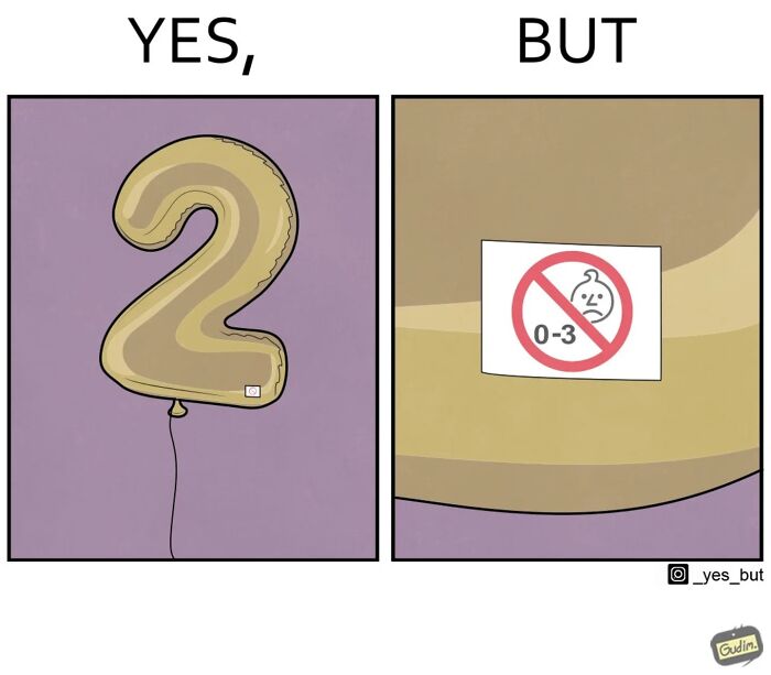 Balloon shaped like number 2 with warning label, illustrating societal contradictions.