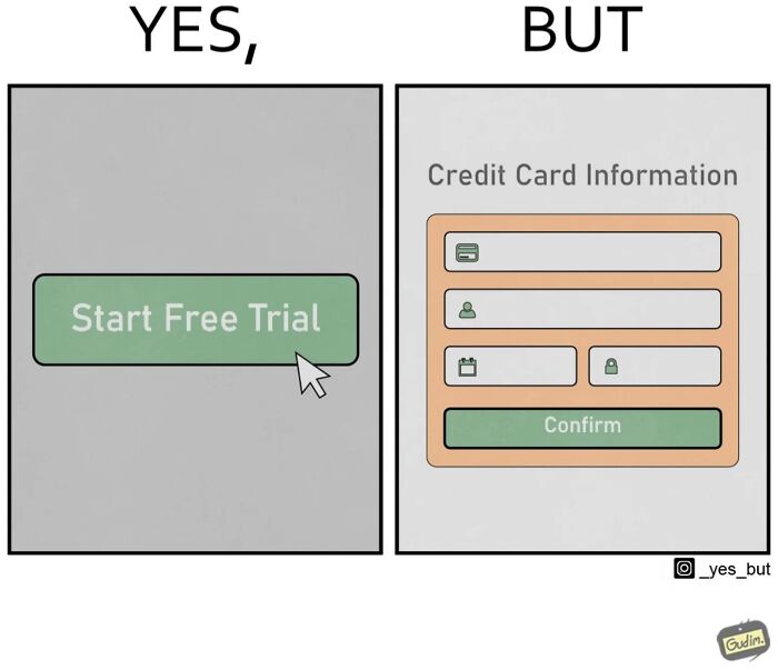 Illustration by Anton Gudim showing society's contradictions with a "Start Free Trial" button requiring credit card info.