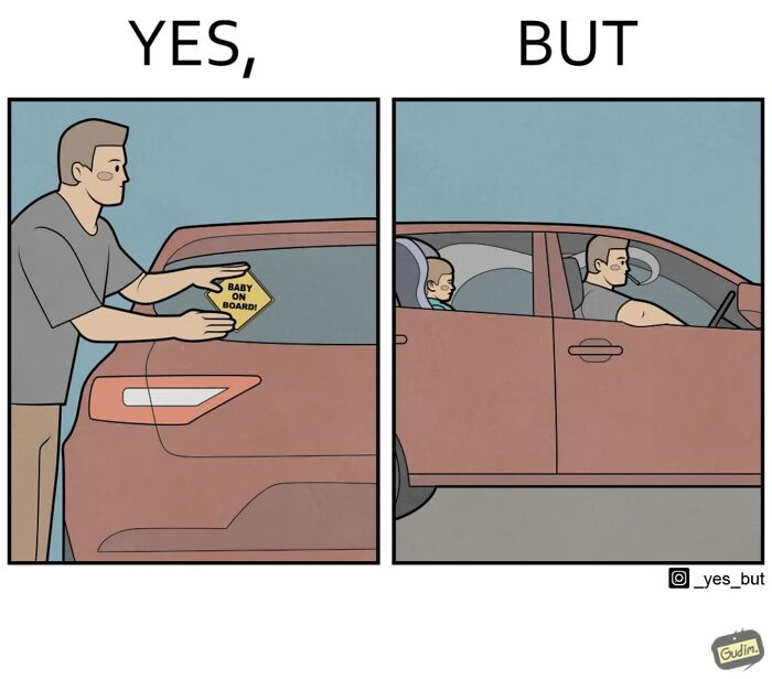 Anton Gudim illustration showing societal contradictions with a "Baby on Board" sign and a man driving carelessly.