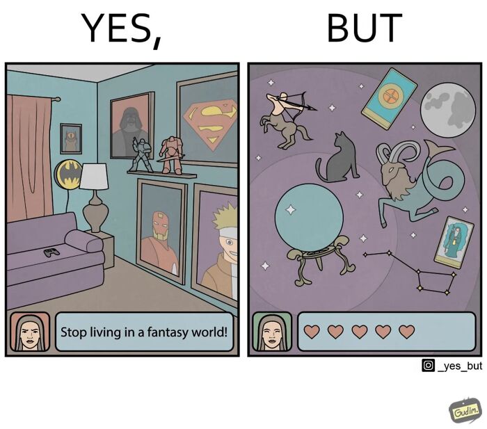 Illustration by Anton Gudim showing society's contradictions with a fantasy world theme in a living room and astrology scene.