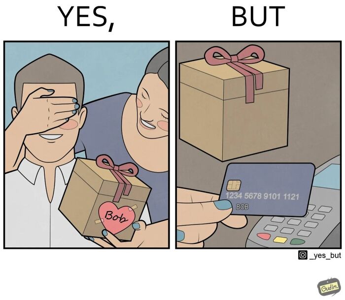 Illustration of societal contradictions: gift with card named Bob.