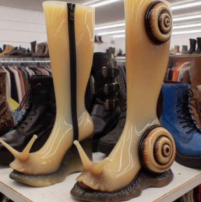Botas con diseño de caracol en una tienda, destacando en la sección de moda inusual para arruinarte el día.