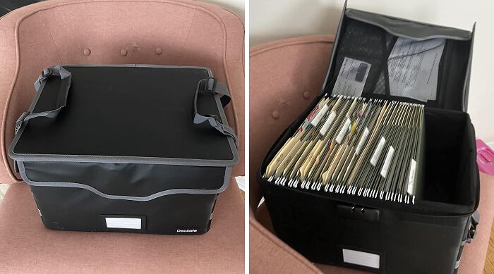 Black storage box on a chair, organized with folders for storing sentimental clutter.