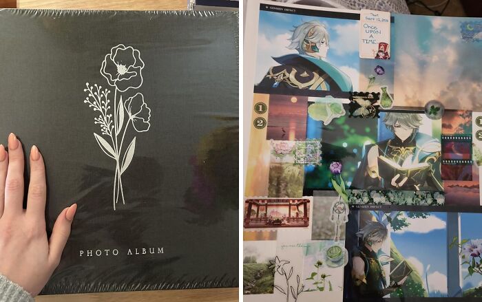 Photo album and collage of sentimental items, illustrating ways to store sentimental clutter.