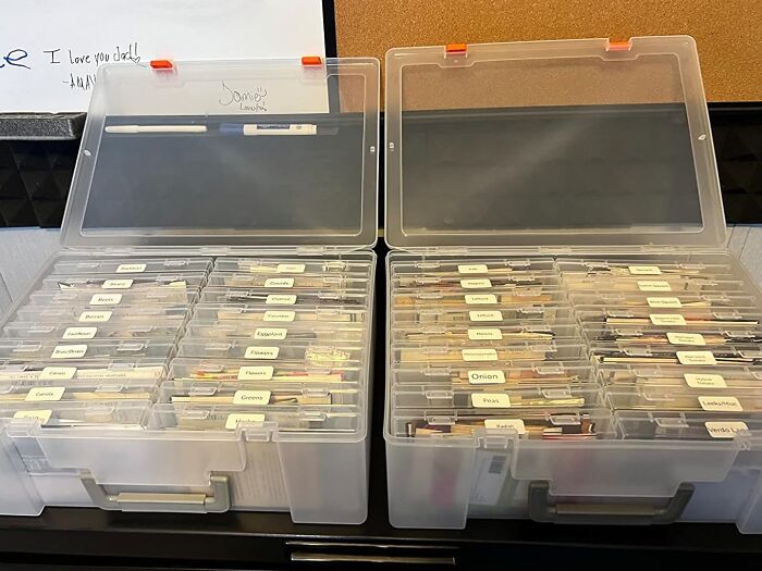 Storage boxes neatly organizing sentimental clutter with labeled compartments.