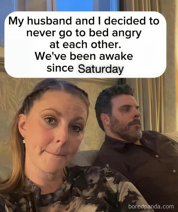 Couple sitting on a couch with a humorous caption about not going to bed angry, illustrating funny memes.