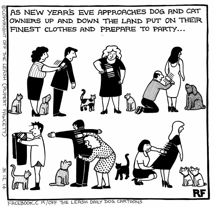 Comic about the reality of owning a dog, showing people dressing up with their cats and dogs nearby.