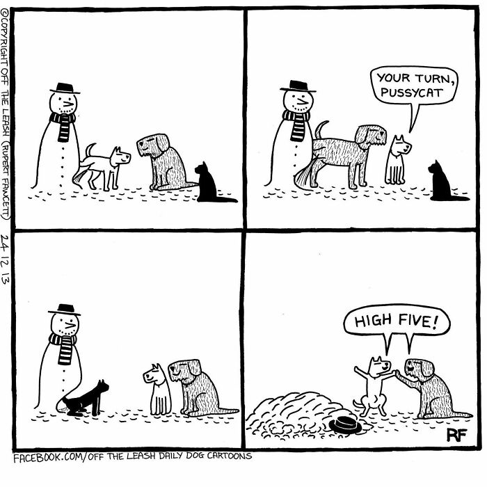 Cartoon from "Off The Leash" showing a snowman, cat, and two dogs, with one dog giving a high five.