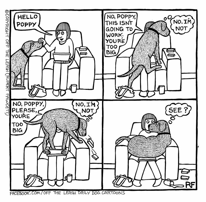 Comic strip of a dog humorously trying to sit on a chair with its owner, showcasing the reality of owning a dog.