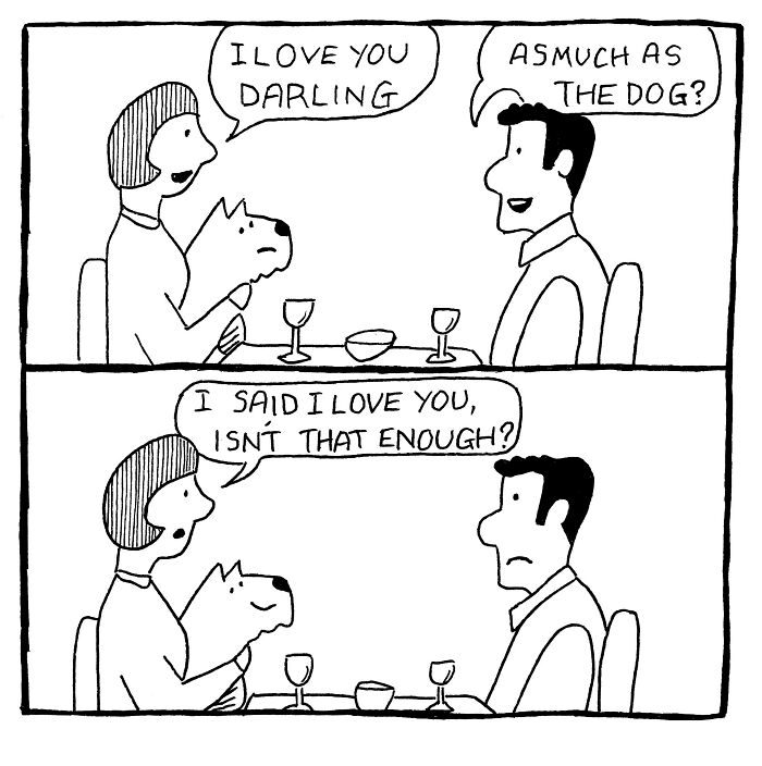 Comic about dog ownership shows couple at dinner discussing love and comparing it to affection for their dog.