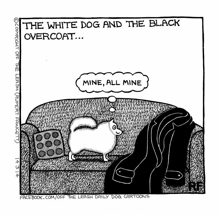 White dog on a couch claims a black coat in a humorous "Off The Leash" comic about dog ownership.