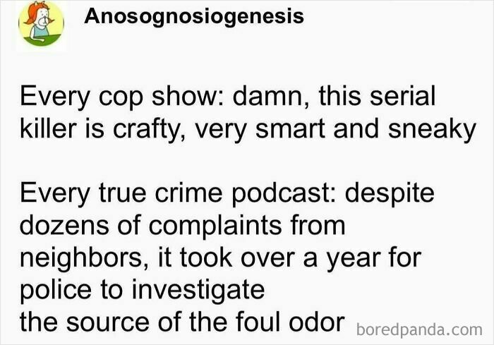 Text meme parodying "50 Nerds Of Grey" with a comparison between cop shows and true crime podcasts.