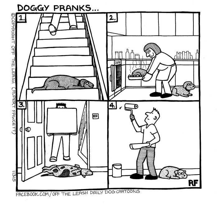 Comic strip showcasing relatable dog pranks at home, featuring a dog on stairs, near the oven, and during painting work.
