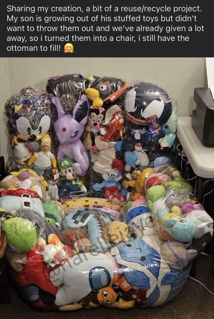 Stuffed toys creatively reused as a chair, showcasing a unique DIY project.