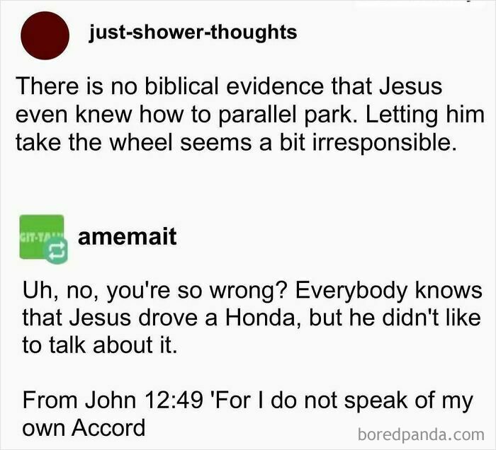 Humorous meme from 50 Nerds Of Grey text about biblical references to driving vehicles.