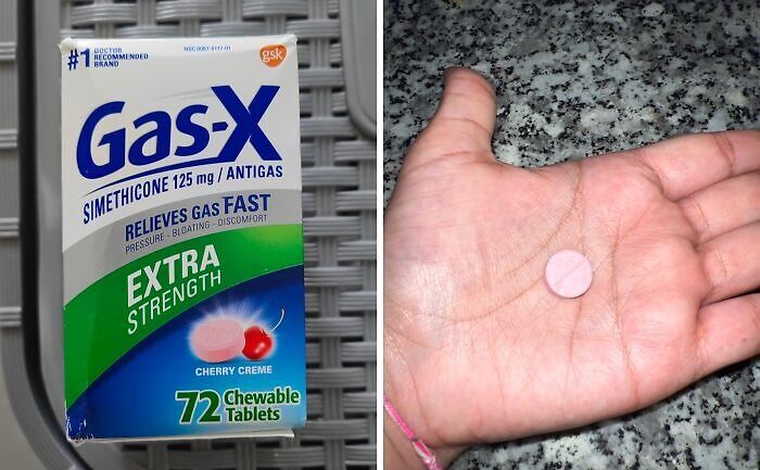 Gas relief tablets in hand and packaging, ideal for plain brown box delivery.