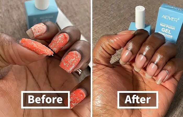 Nail polish removal transformation before and after, shown with hands holding a blue gel remover box.