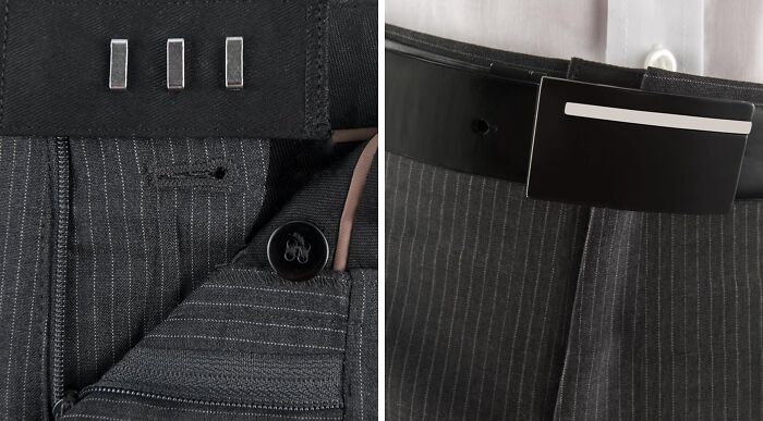 Close-up of pinstripe suit pants with belt, ideal for discreet delivery in a plain brown box.